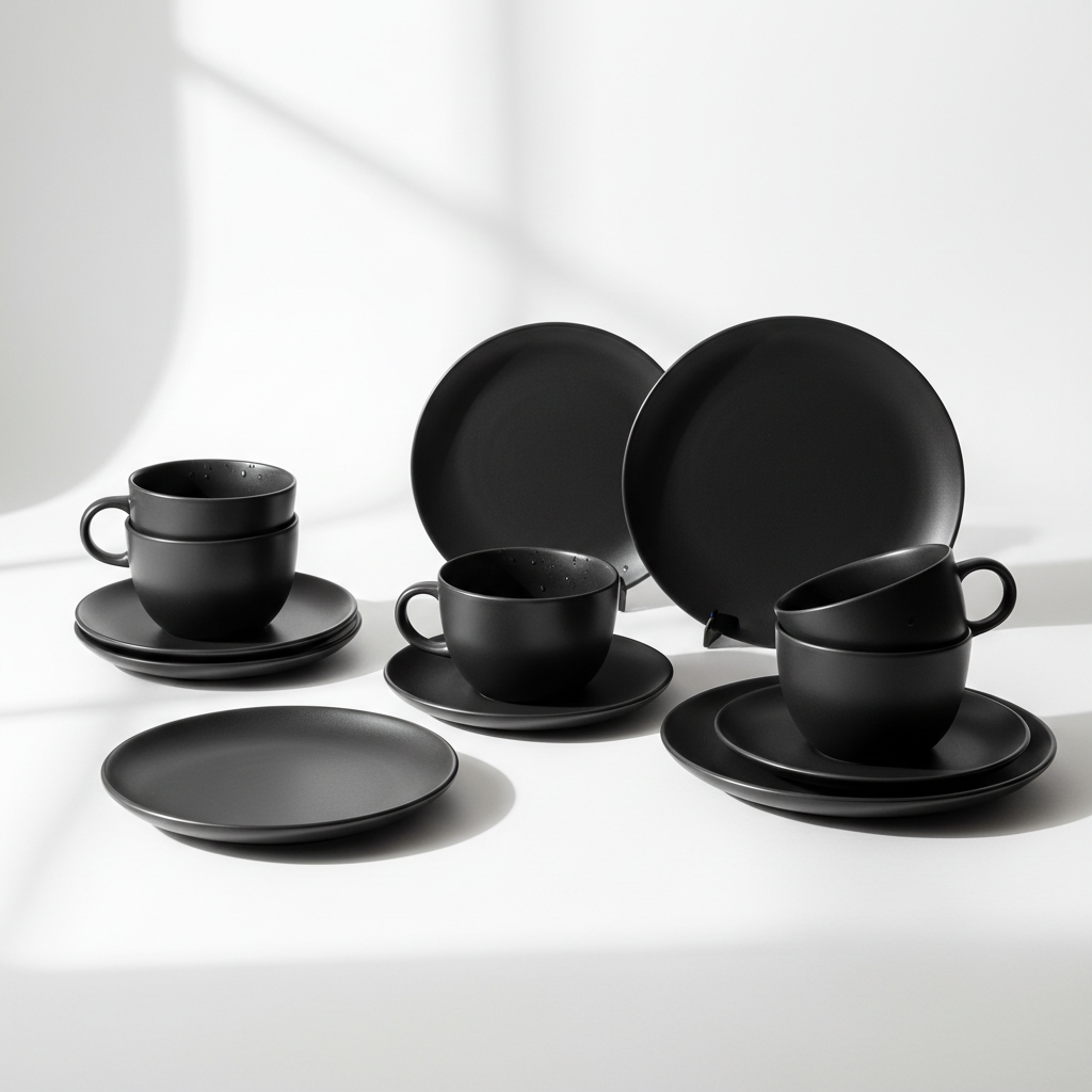 Black Cups and Plates Set