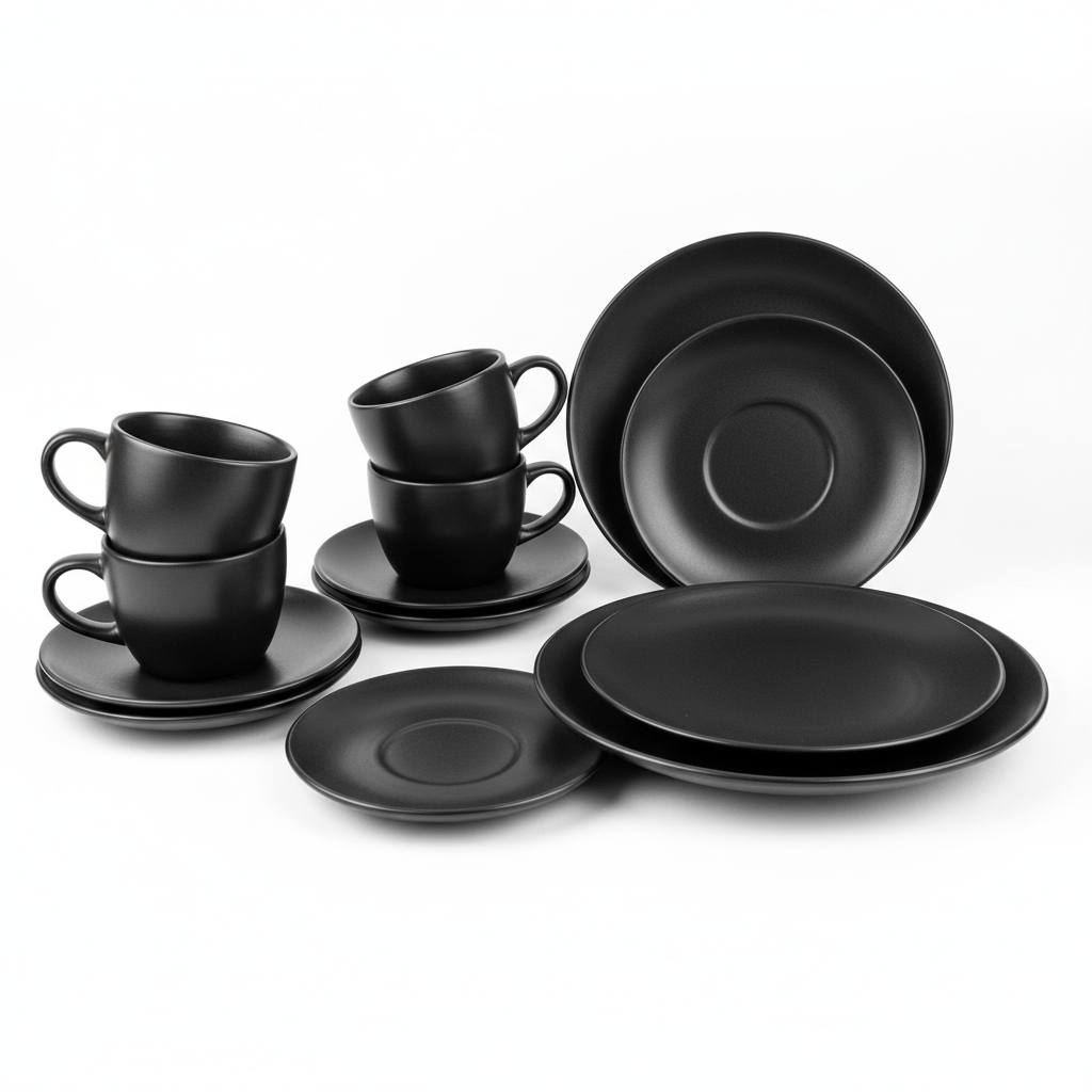 Black Cups and Plates Set