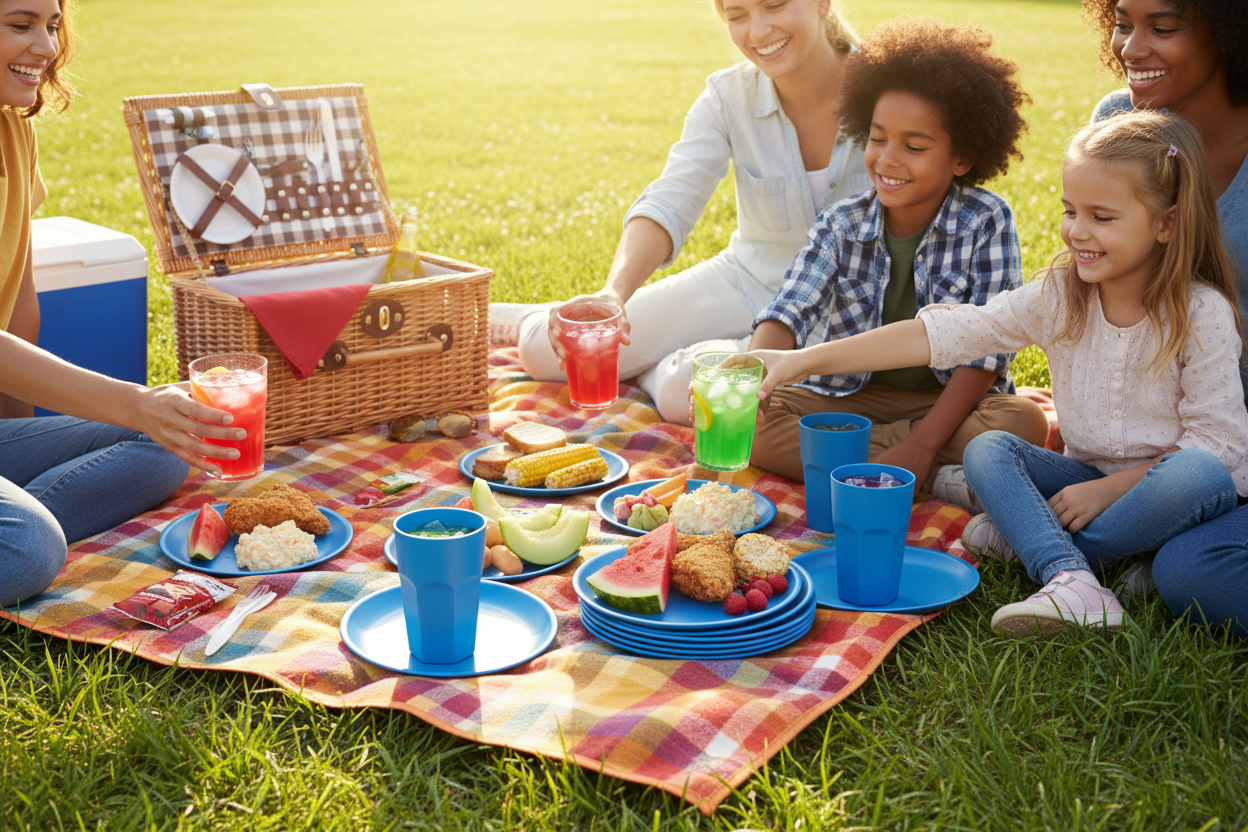 Blue Plastic Cups and Plate Set - In Use