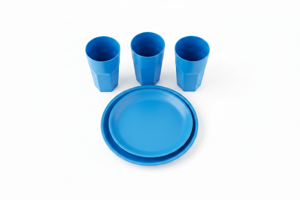 Blue Plastic Cups and Plate Set - Top Down