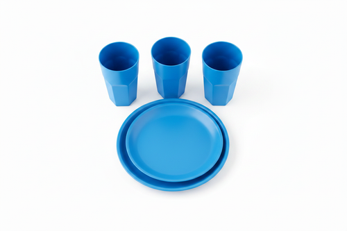 Blue Plastic Cups and Plate Set - Top Down