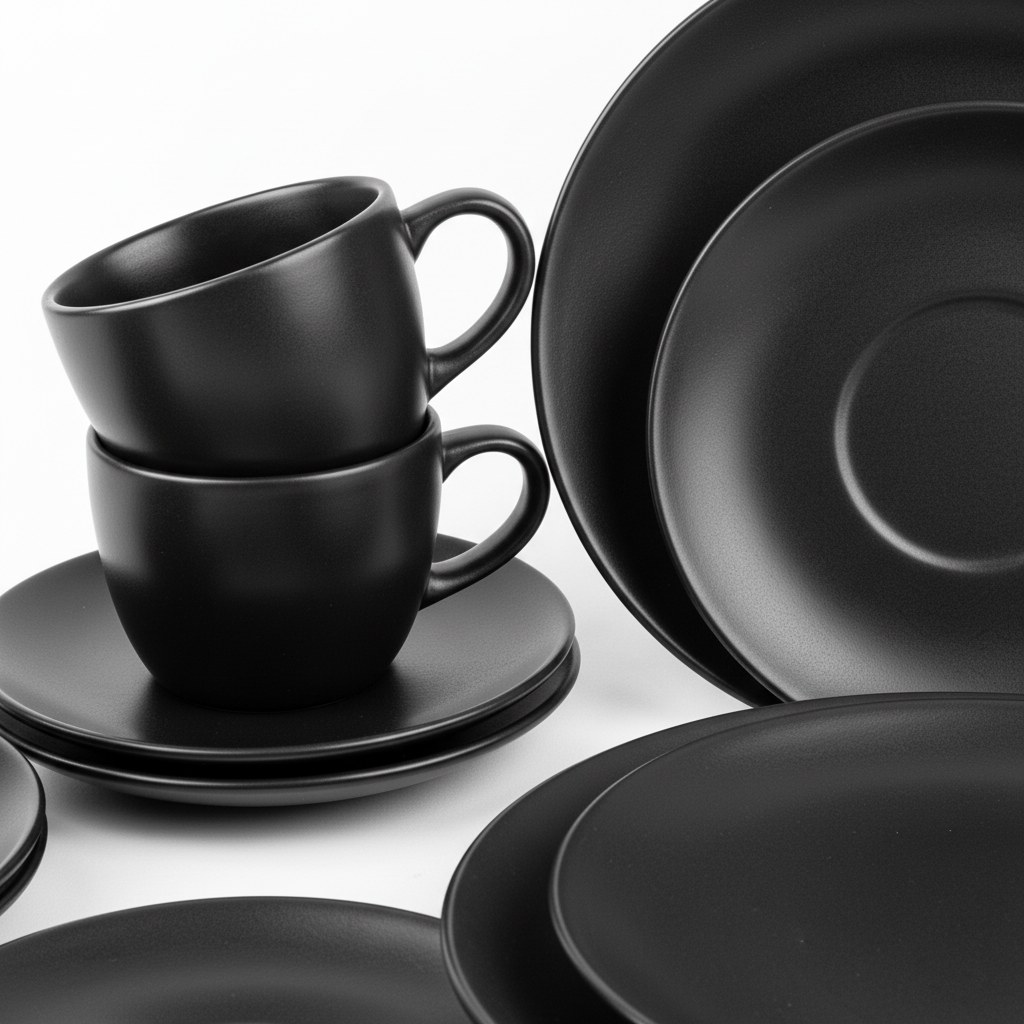Close-up matte black cups and plates