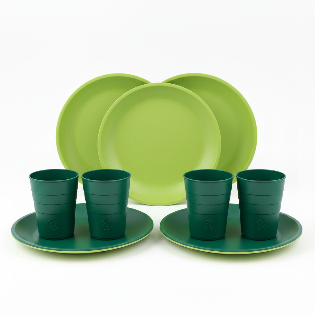 Green Plastic Cups and Plate Set - Flat Lay
