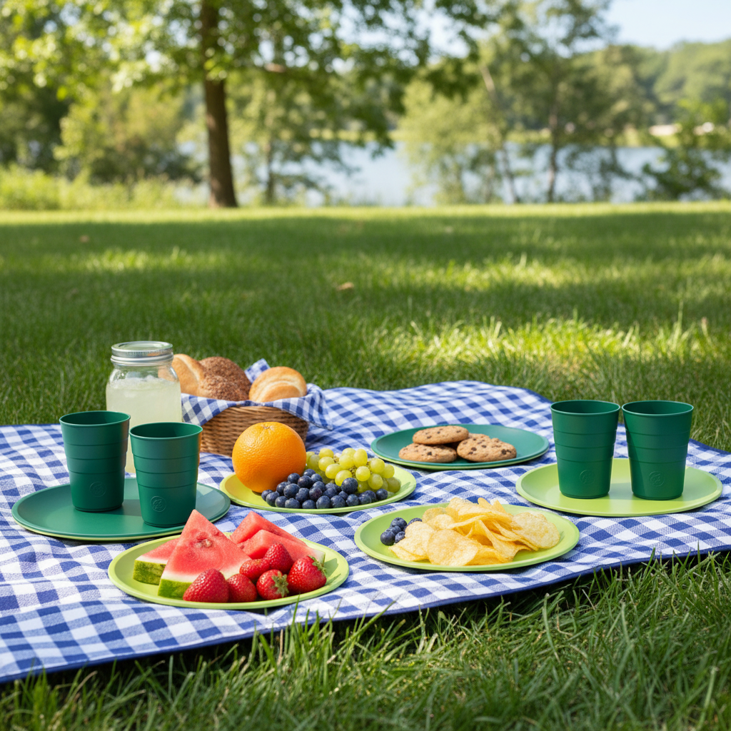 Green Plastic Cups and Plate Set - Lifestyle
